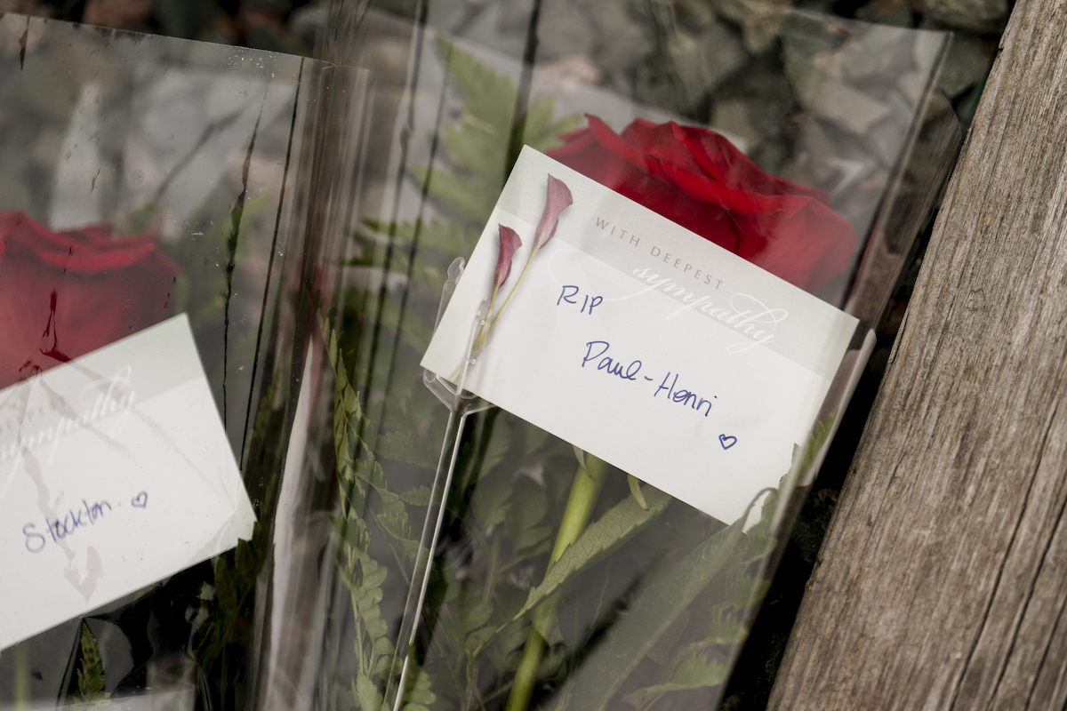 Flowers placed at an anchor at King's Beach at the port of St John's in Newfoundland, Canada in memory of those lost in the submersible photographed on June 23, 2023