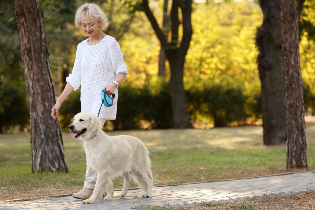 senior woman walking dog