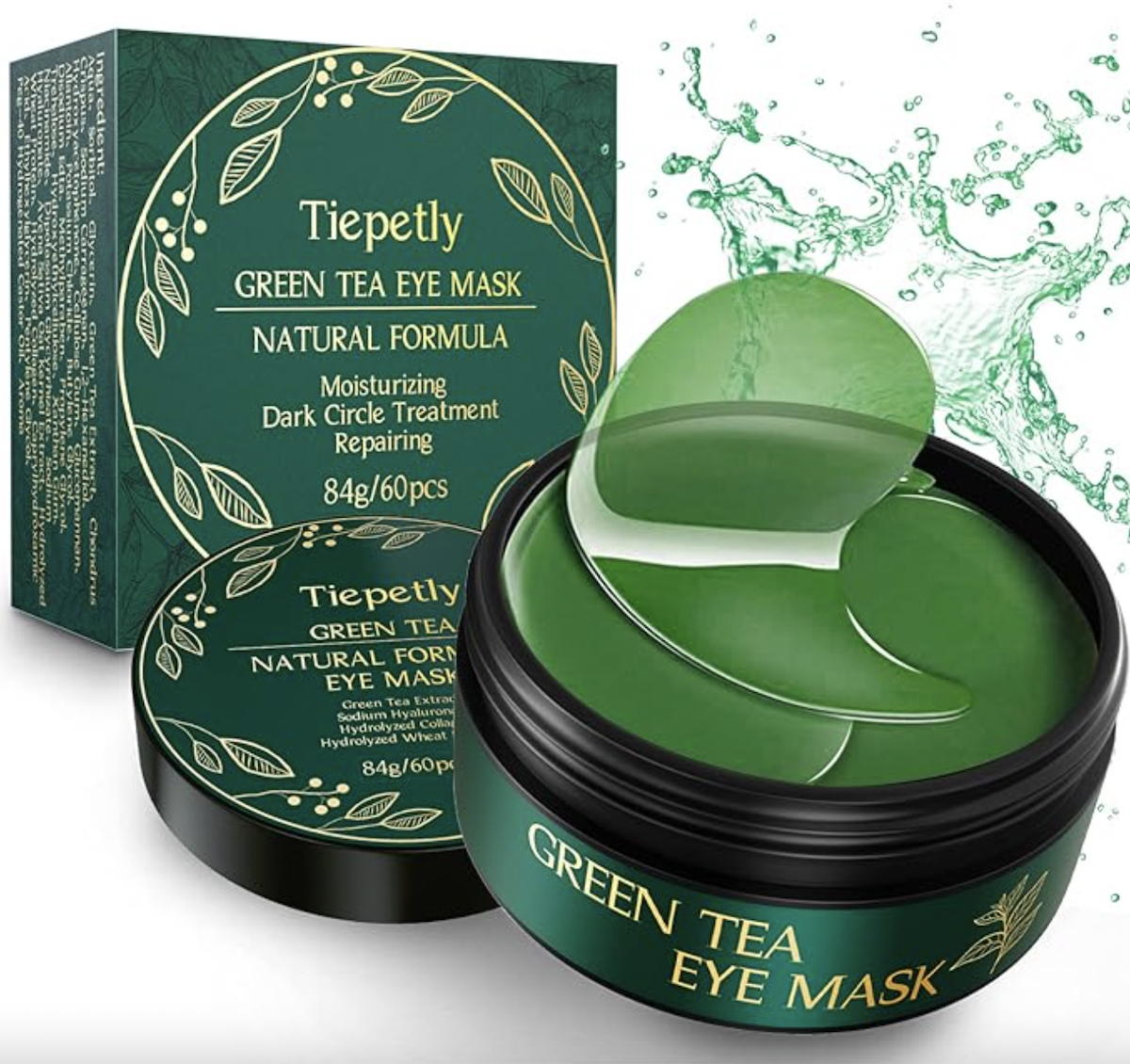 Tipetly green tea eye masks and green packaging