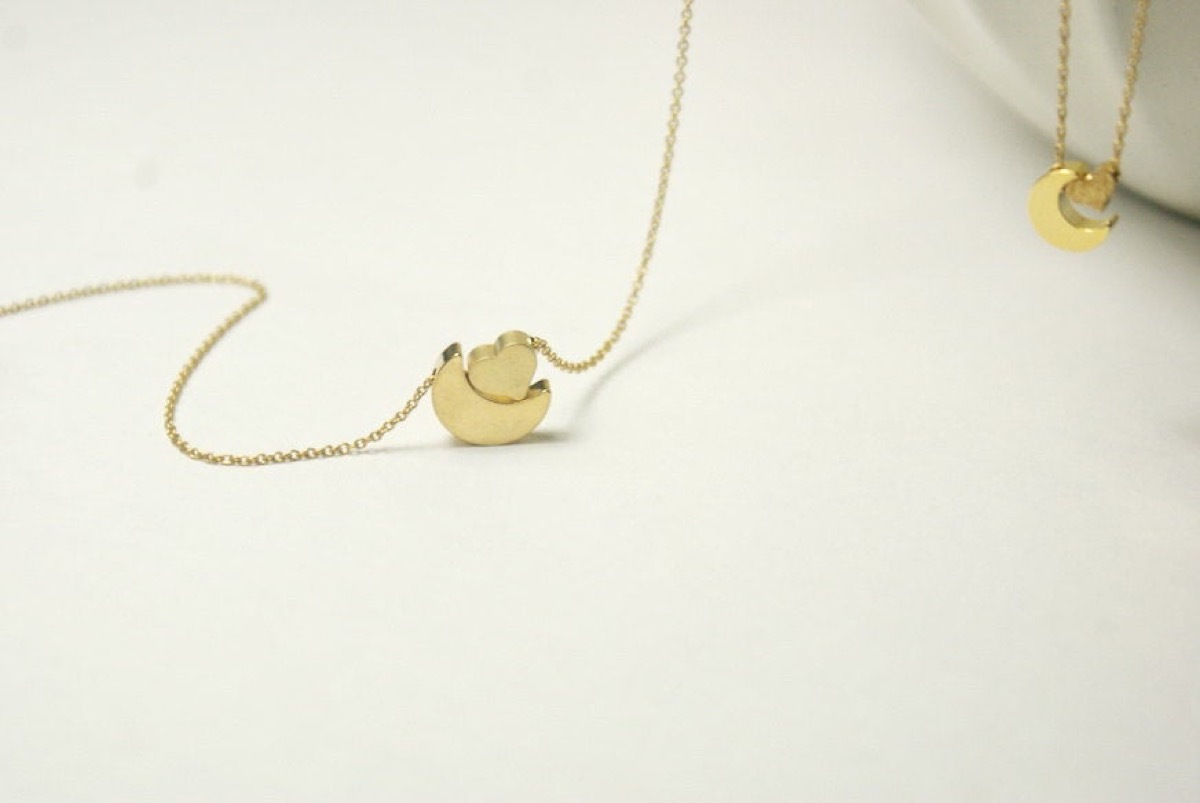 gold moon and heart on gold chain, Etsy jewelry