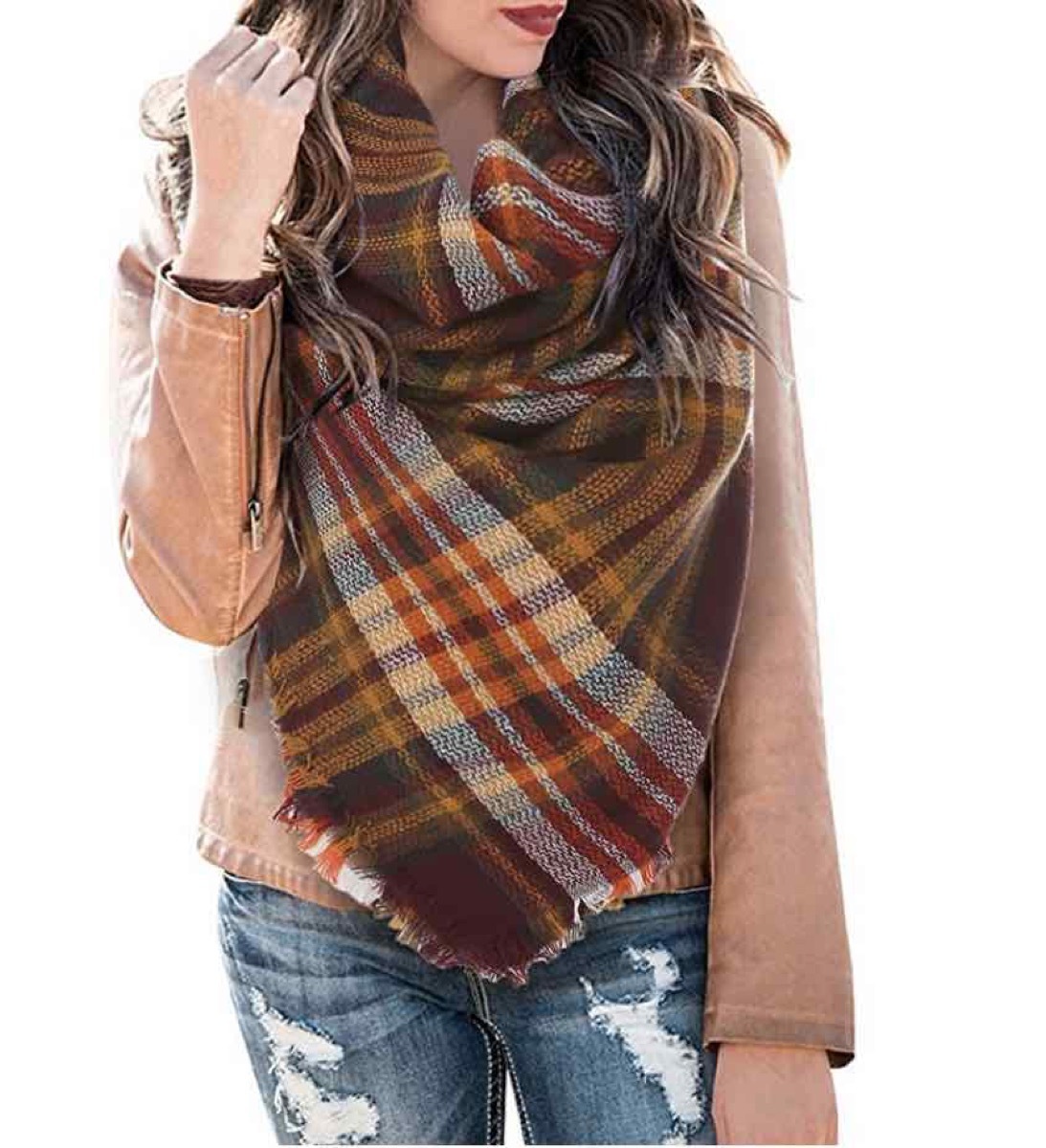 woman in brown plaid scarf