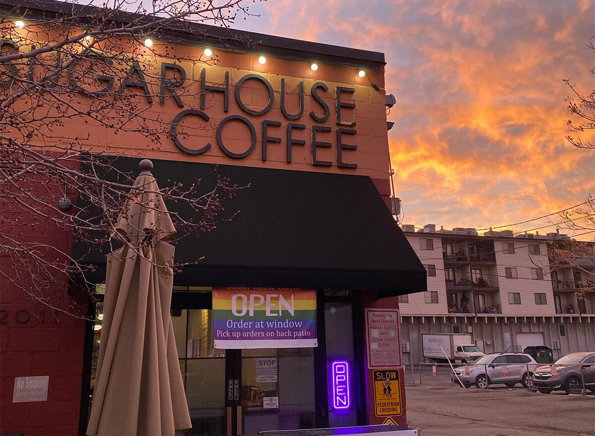 sugar house coffee exterior with sunset