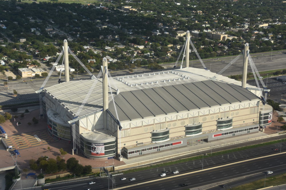 An aerial shot of the Alamodome in San Antonio, Texas