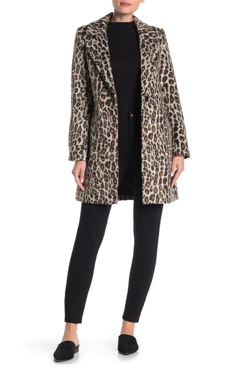 woman in black shirt and pants and leopard coat, women's coats for winter