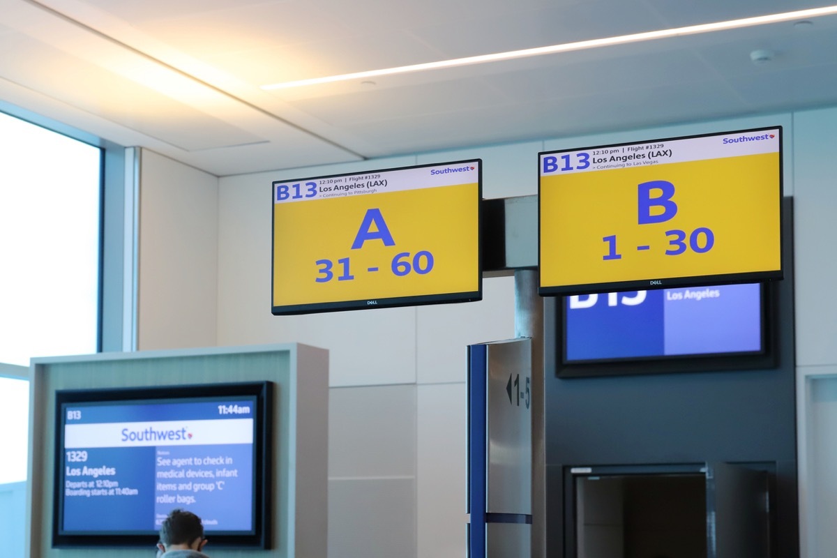 Southwest Airlines Boarding Group Sequence Board, San Francisco International Airport (SFO).