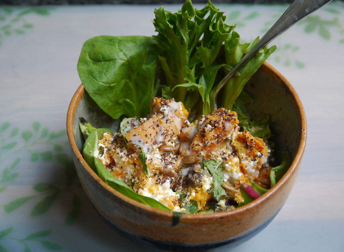 creamy dijon sweet potato salad with cottage cheese