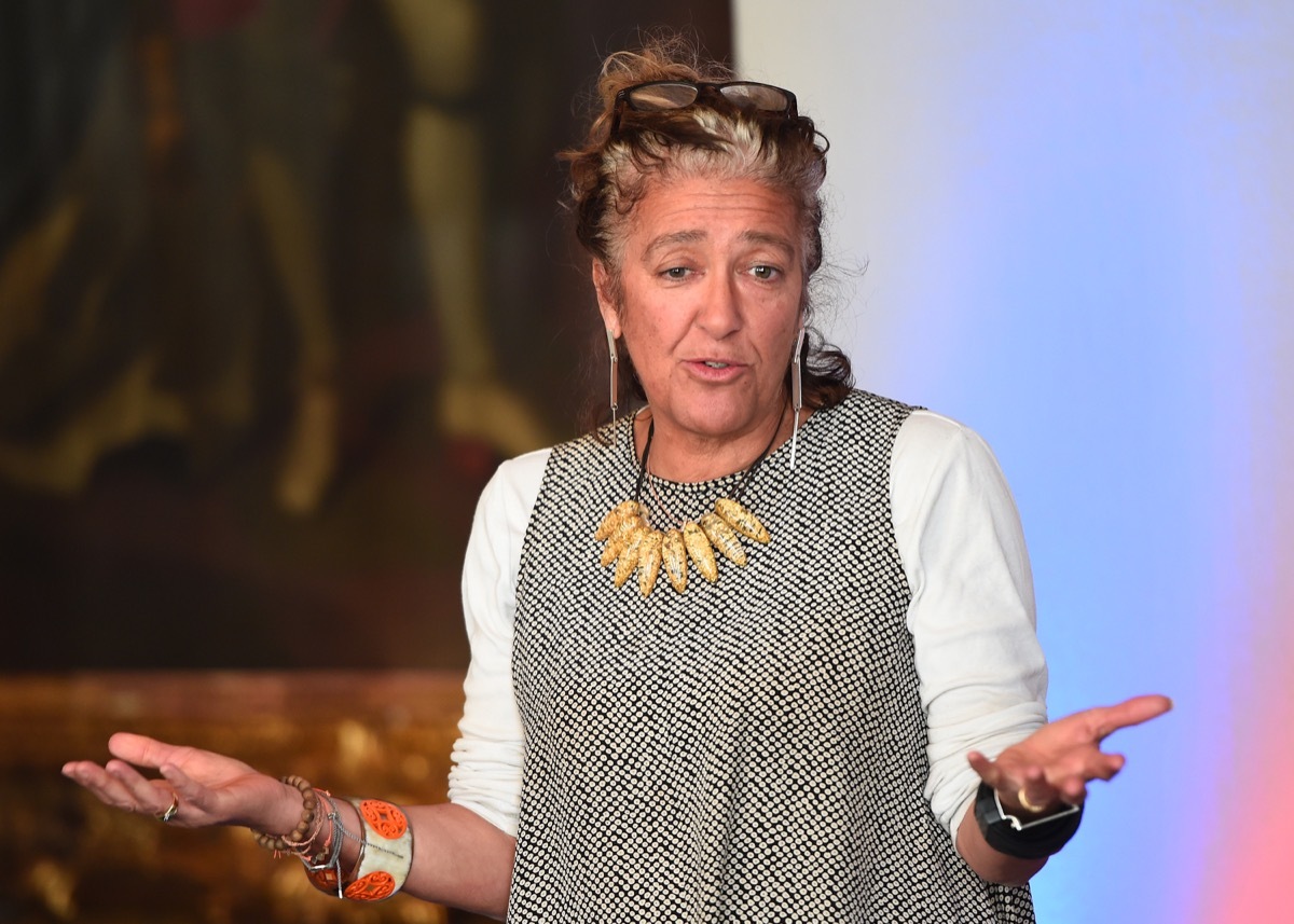 dame heather rabbatt in gray jumper and yellow necklace standing with arms out as if asking 