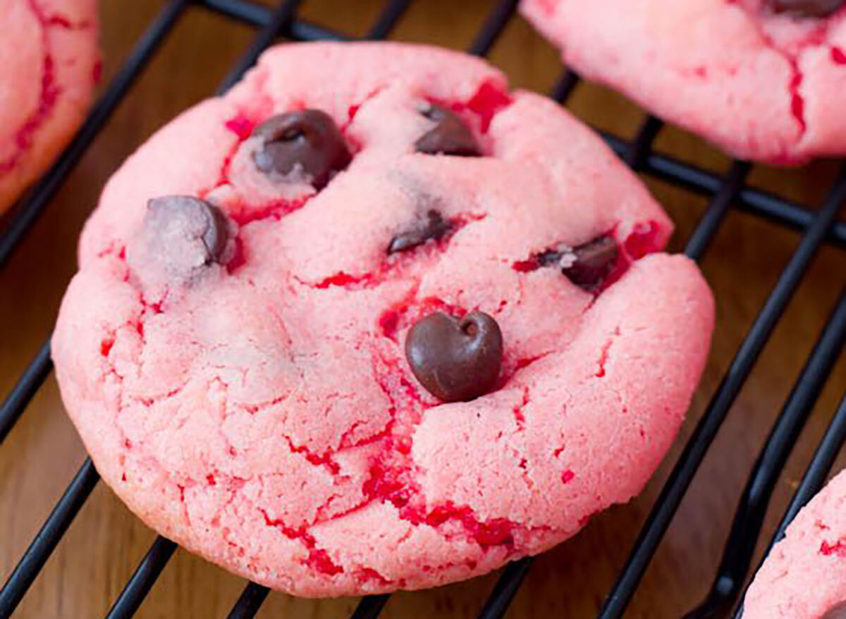 strawberry chocolate chip cookie on cooling rack