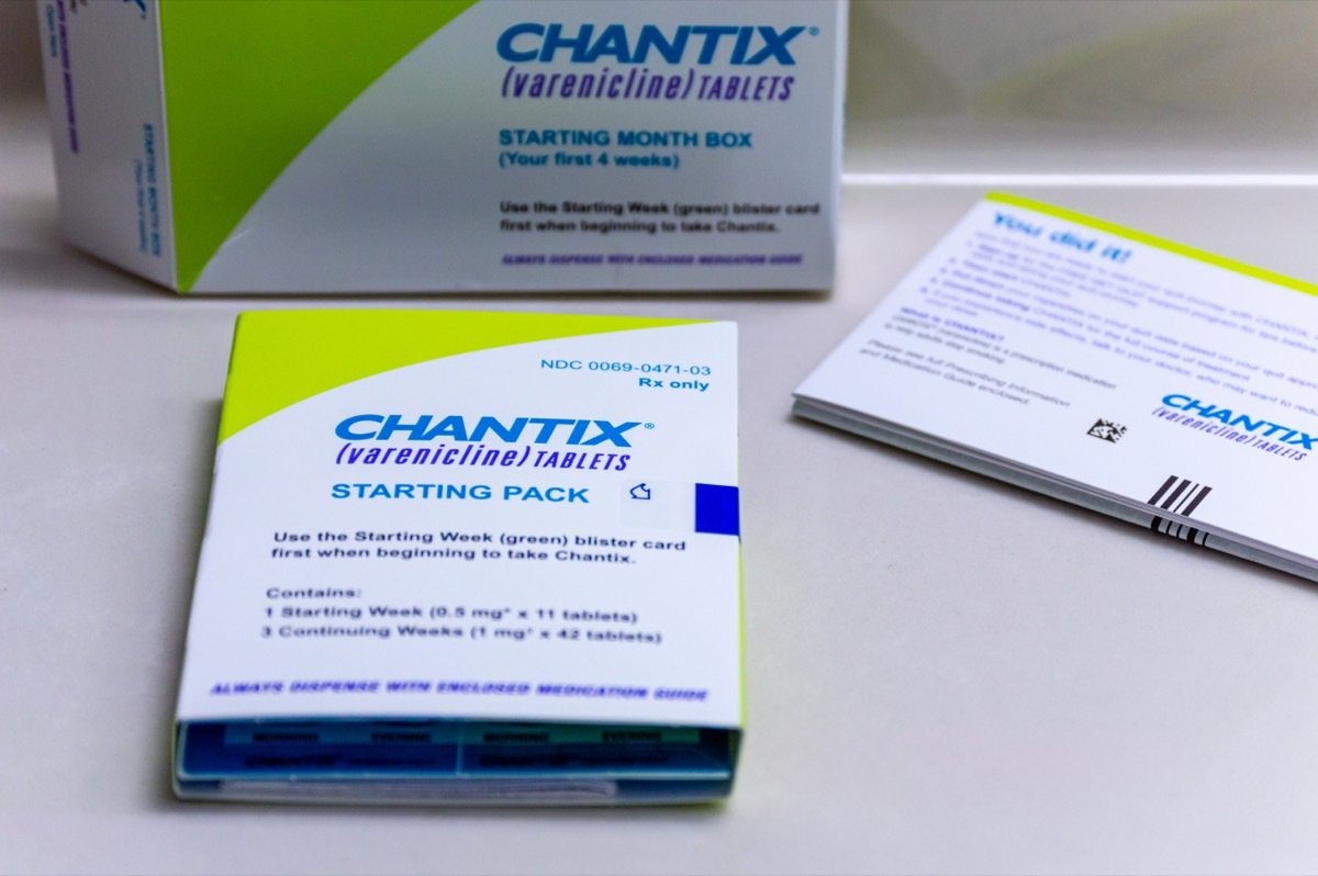 chantix packet on gray desk