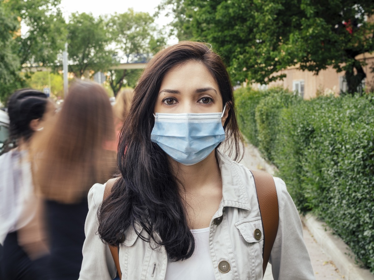 Woman covering her face with protective mask.