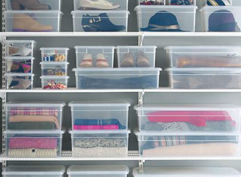 Plastic storage bins closet organizing