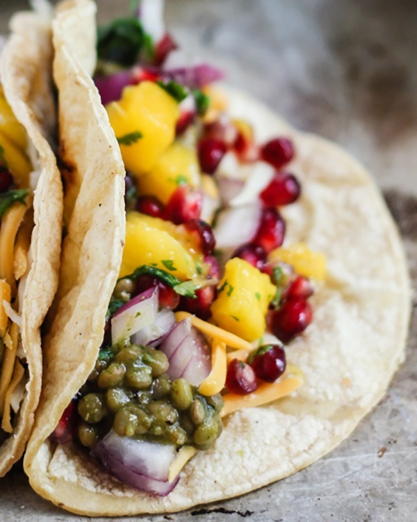 salsa verde lentil tacos with mango-pomegranate pico