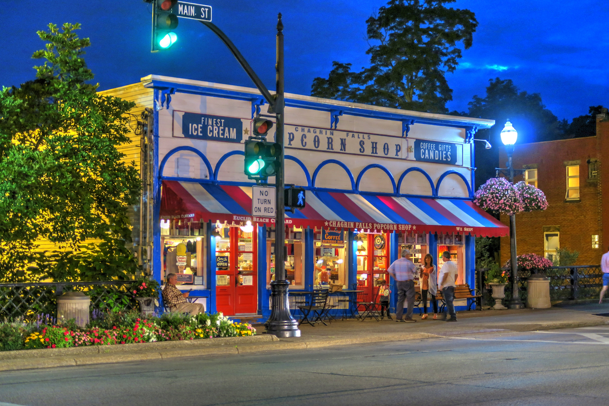 The red, white, and blue Popcorn Shop storefront in Chagrin Falls, Ohio.