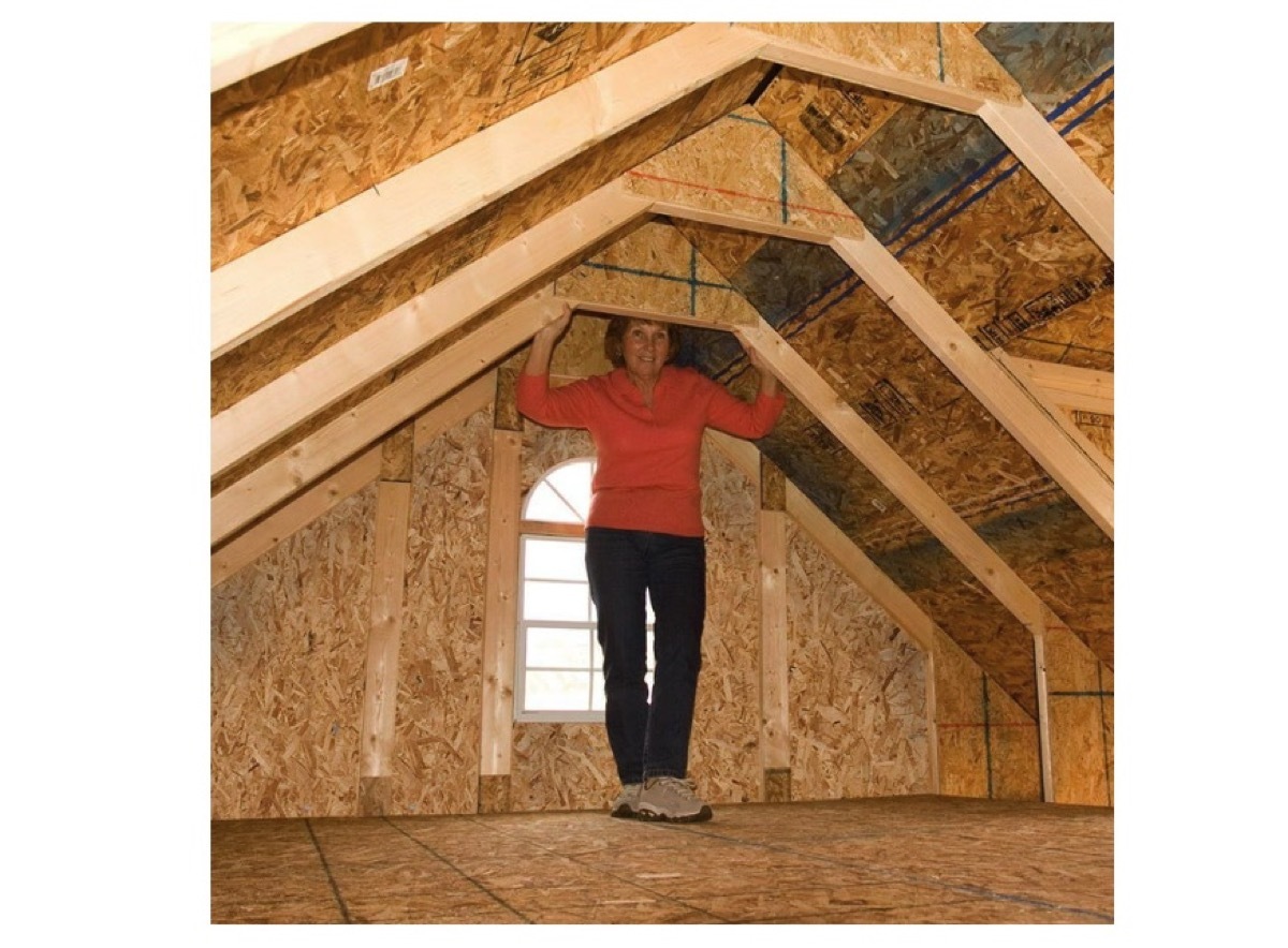 The lofted attic of a Arlington Wood storage shed