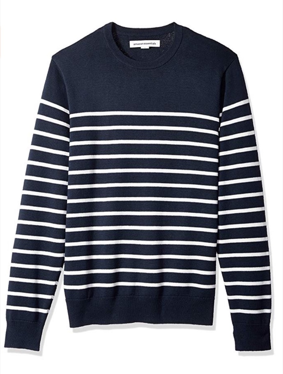 blue and white striped crew neck sweater