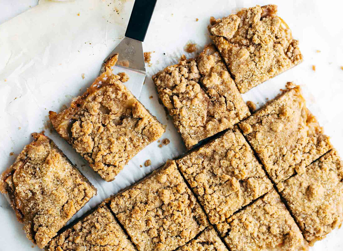 caramel apple crisp bar squares on baking sheet