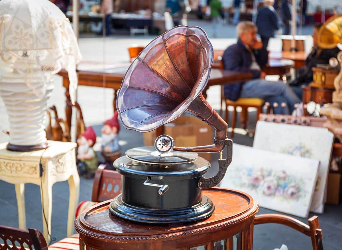 vintage record player at an outdoor antique market