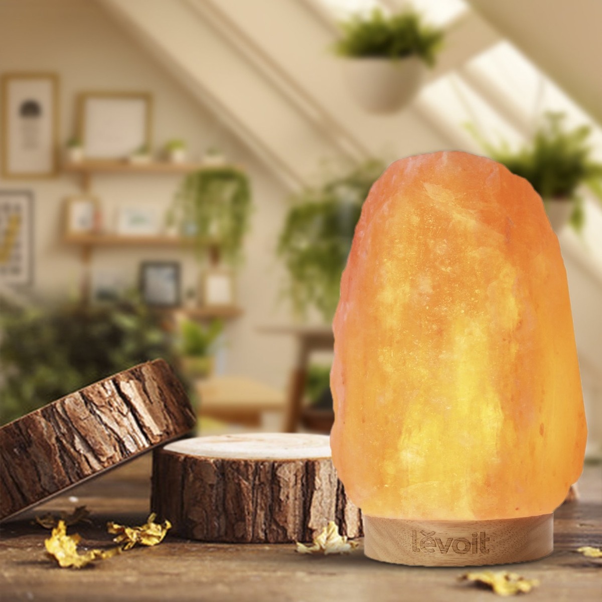 salt lamp on wooden table next to log slices