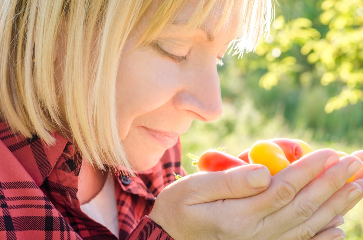 Older Woman Smelling a Handful of Tomatoes Surprising Symptoms