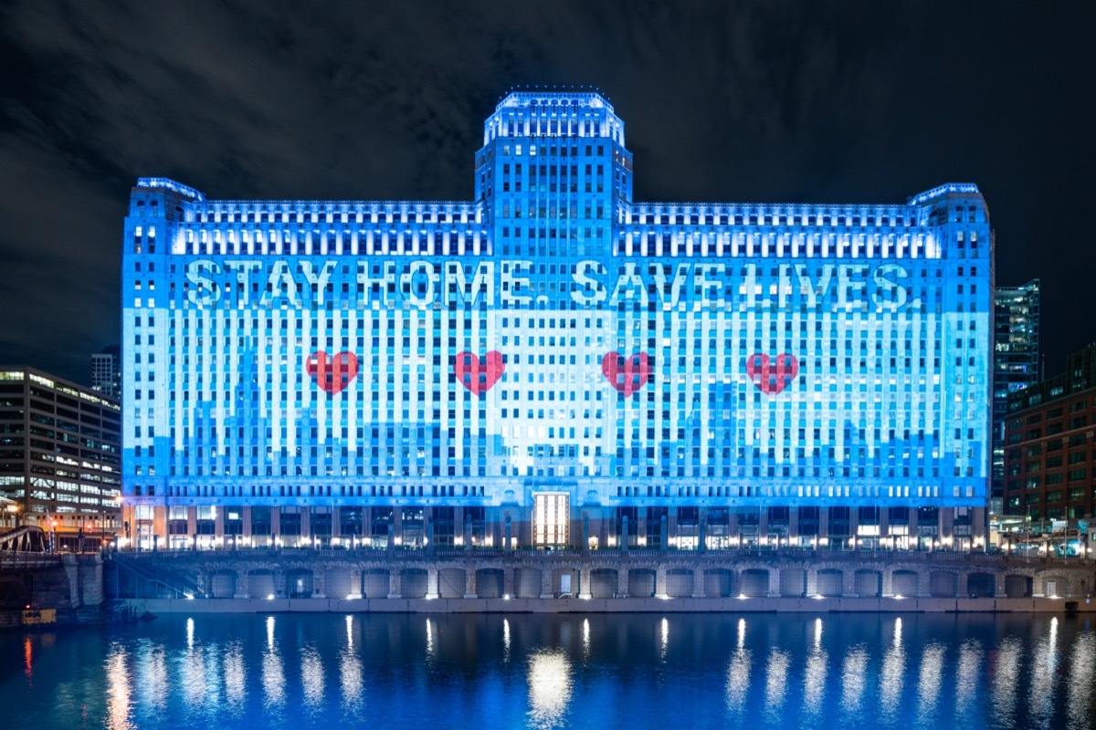 Merchandise Mart Lights Up for Coronavirus during COVID-19 Pandemic