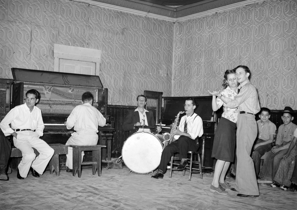 Orchestra and dancers at payday dance in Mogollon, New Mexico in 1940s