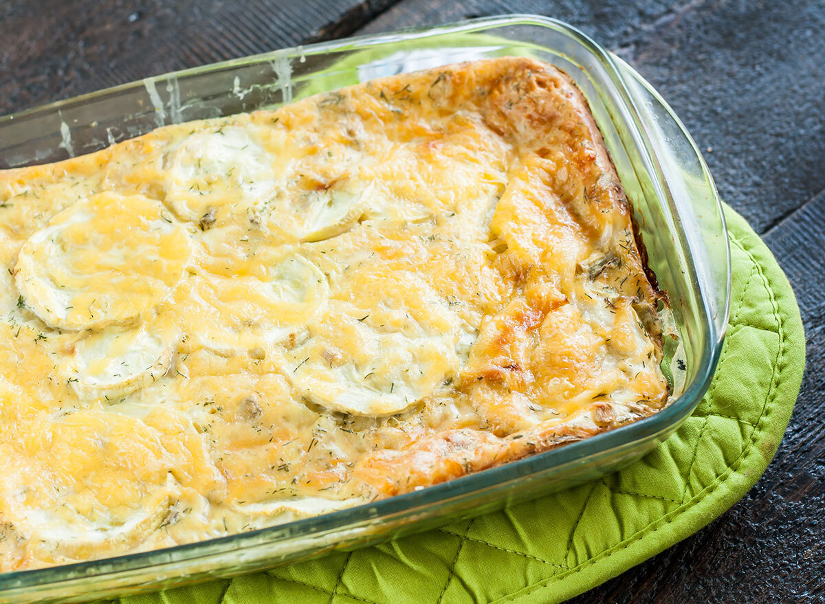 squash casserole in glass dish