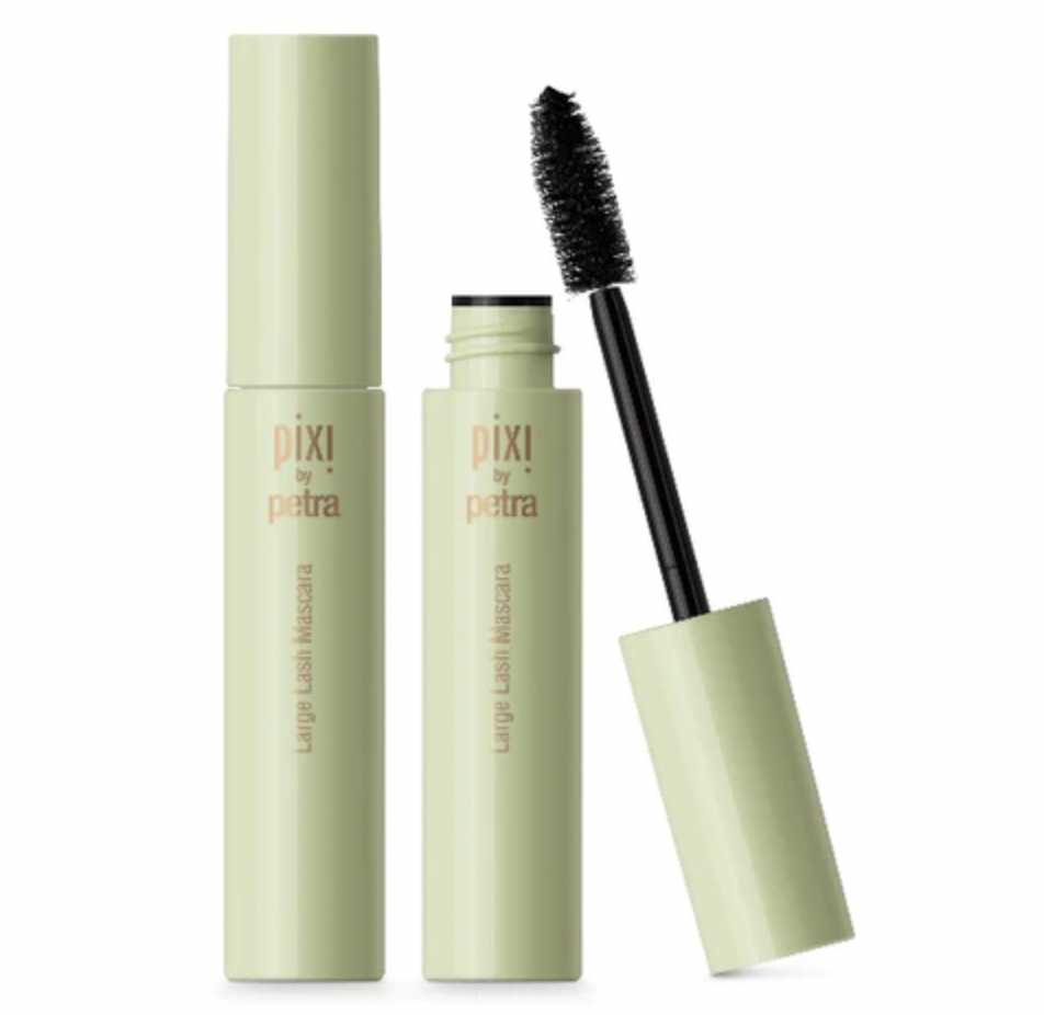 Pale green tubes of Pixi Large Lash mascara on white background