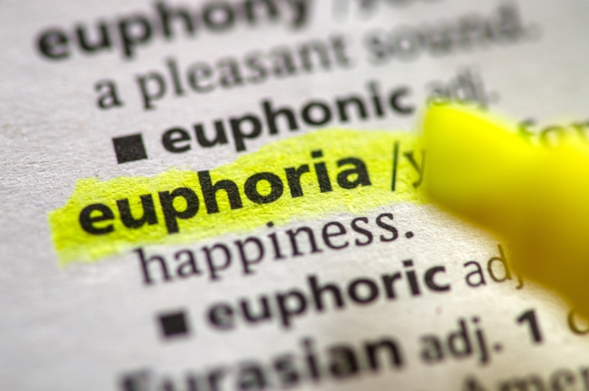 close up of the word euphoria highlighted in the dictionary