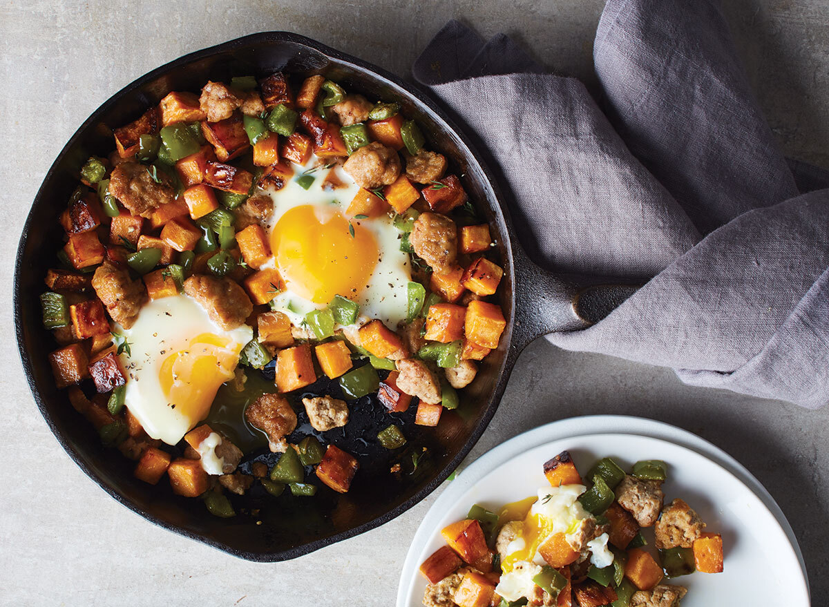 turkey sweet potato breakfast hash in cast iron skillet