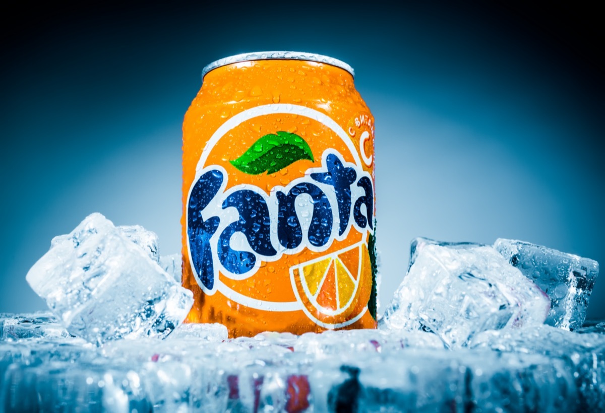 A can of Fanta Orange soda on ice