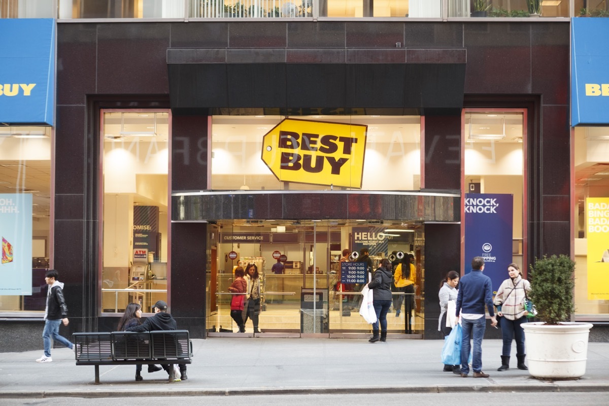 New York, New York, USA - February 20, 2016: The Best Buy on Fifth Avenue in midtown Manhattan. Best Buy is a national home electronics retailer. People can be seen.