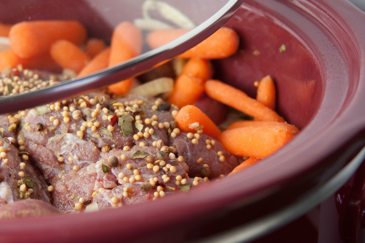 slow cooker meat and vegetables lid off