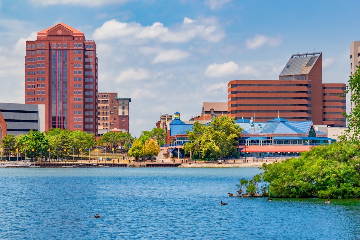 cityscape photo of buildings, trees, a lake, and a park in Toledo, Ohio