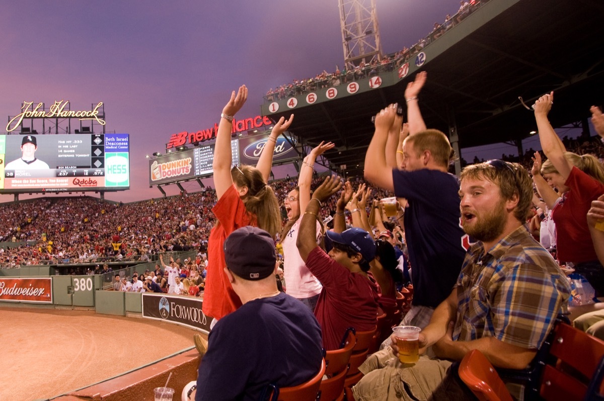 people at baseball game cheering