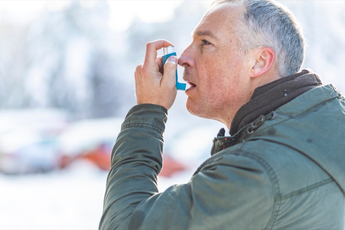 Man Using an Inhaler for his Asthma Heart Risk Factors