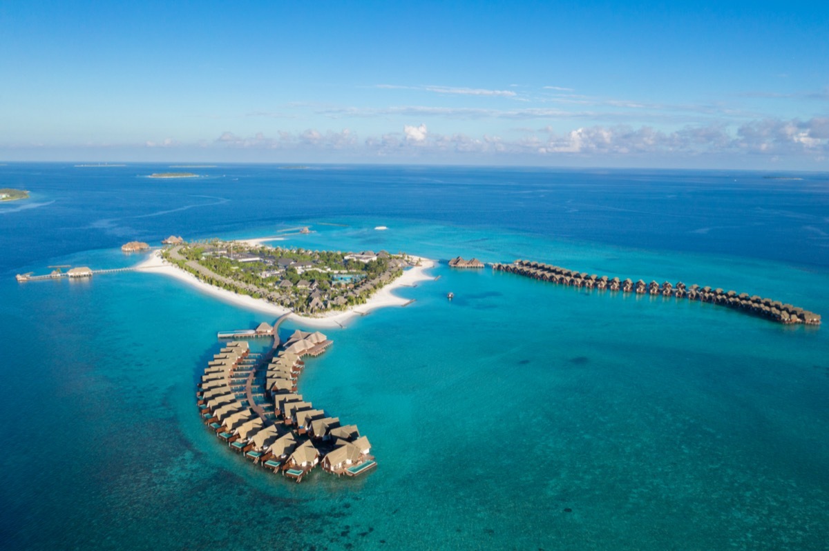 aerial view of the overwater bungalows at heritance aarah resort