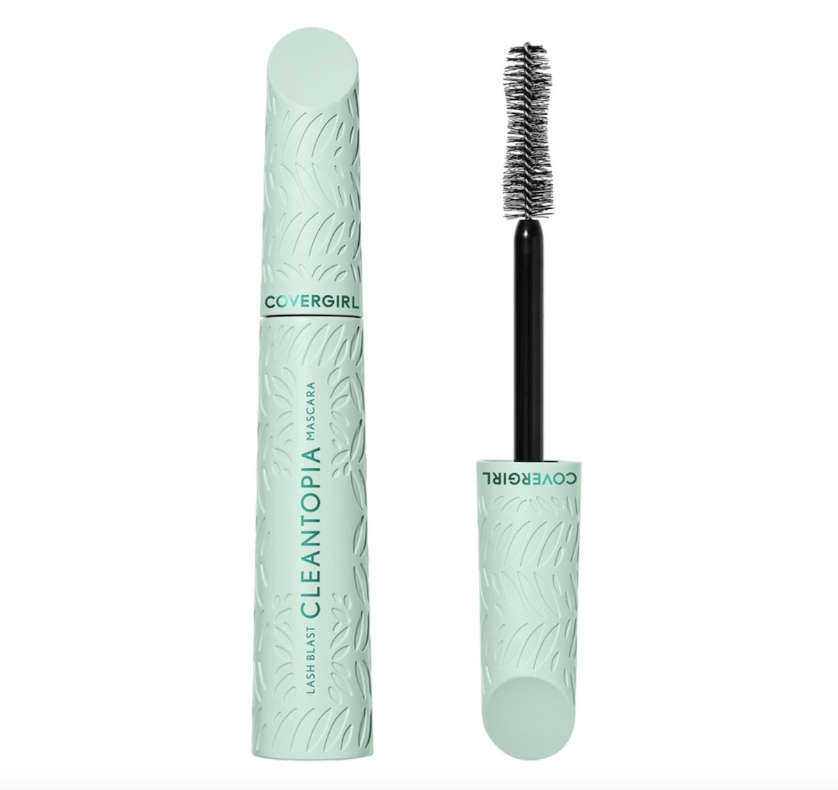 CoverGirl's Lash Blast Cleantopia mascara in light teal tube on white background