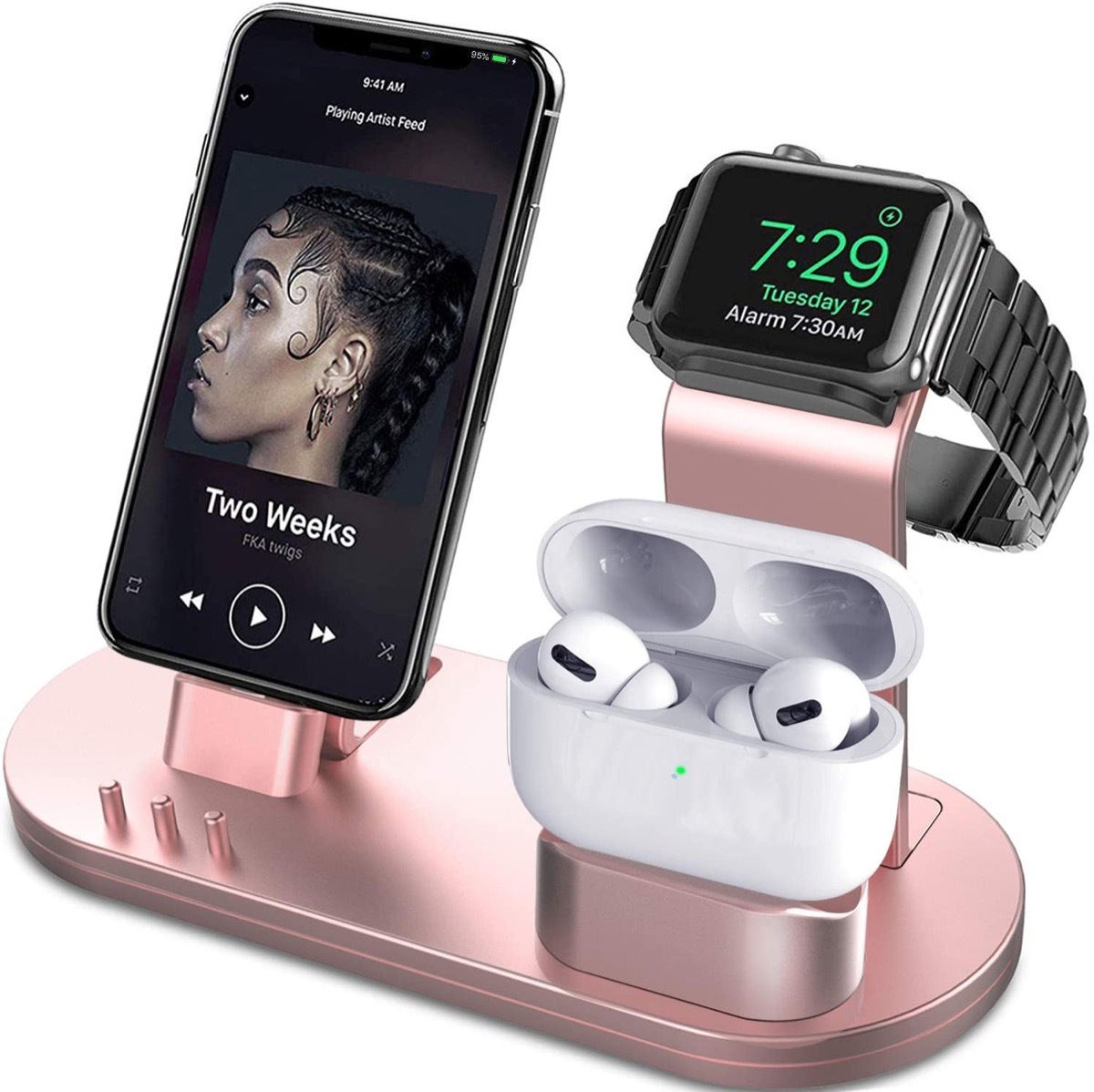 rose gold device charging stand with apple watch, earbuds, and iphone