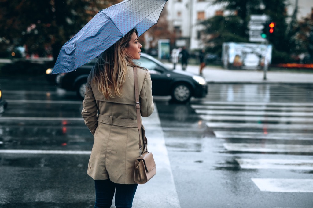 Woman crossing street with umbrella