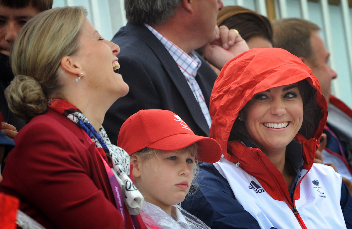 Britain's Catherine, Duchess of Cambridge, (R) Lady Louise Windsor (C) and and Sophie, Countess of Wessex (L) watch the rowing action during the London 2012 Paralympic Games