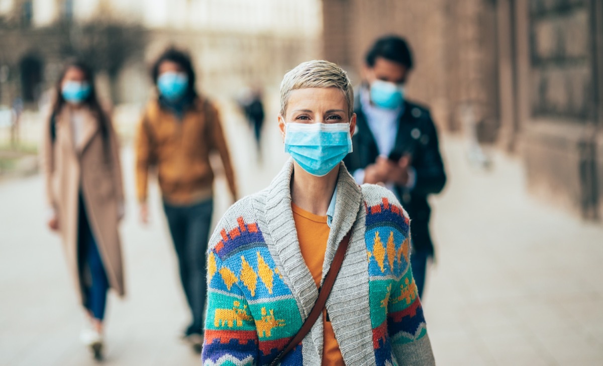 Portrait of young woman on the street wearing face protective mask to prevent Coronavirus and anti-smog