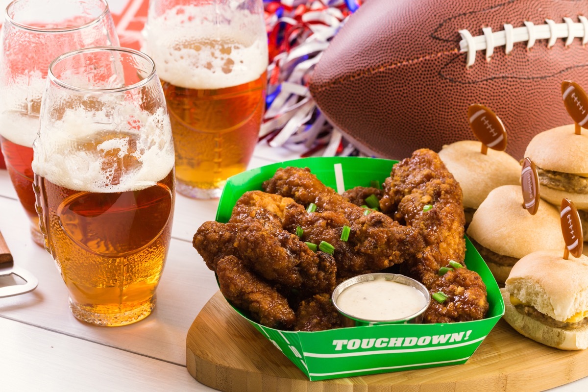 Snacks and beer laid out for the Super Bowl.