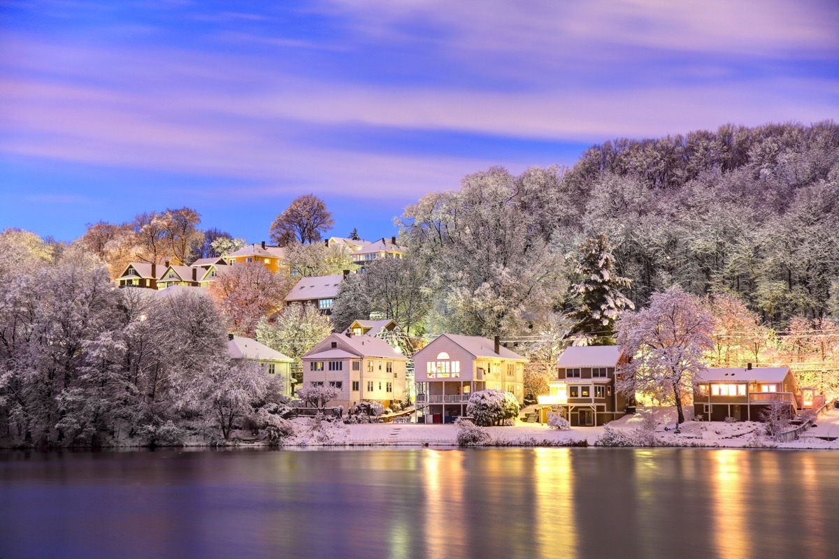 landscape photo of homes and lake in Boston, Massachusetts at dusk