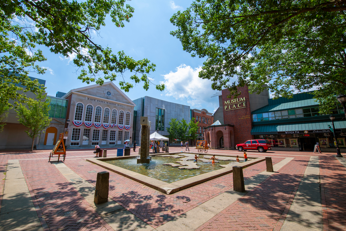 East India Square in front of Peabody Essex Museum PEM at 161 Essex Street in historic city center of Salem, Massachusetts