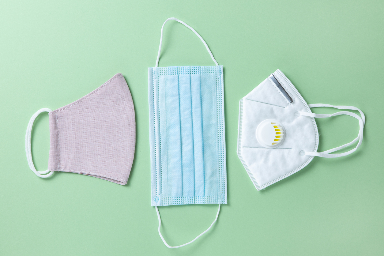 A cloth mask, surgical mask, and N95 respirator sitting on a green background