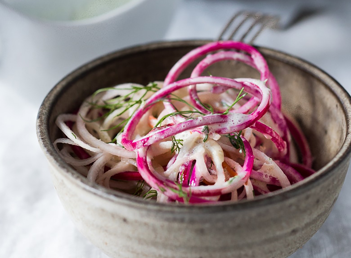 mixed spiralized vegetables kohlrabi turnips radishes carrots beets with yogurt sauce