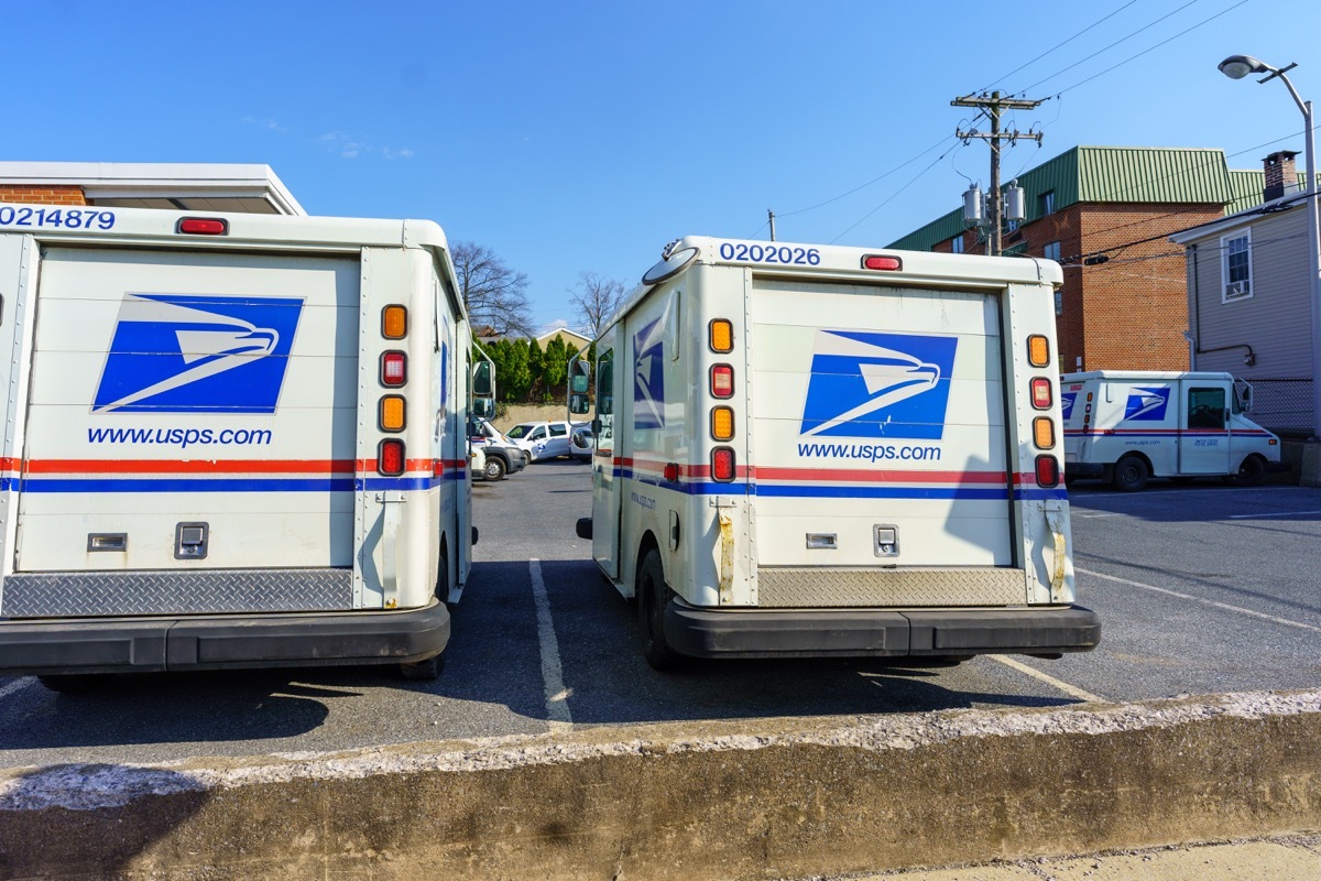 USPA Mail delivery trucks parked at the Ephrata Post Office in Lancaster County, PA.