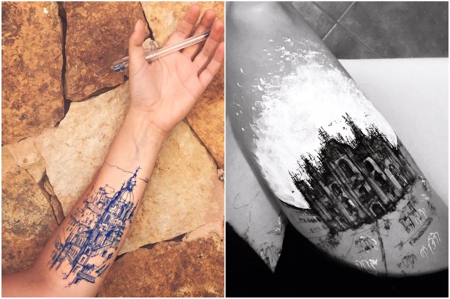 Gothic architecture sleeve tattoo | Artist Uses Her Body As A Canvas For Architecture Sketches | Her Beauty