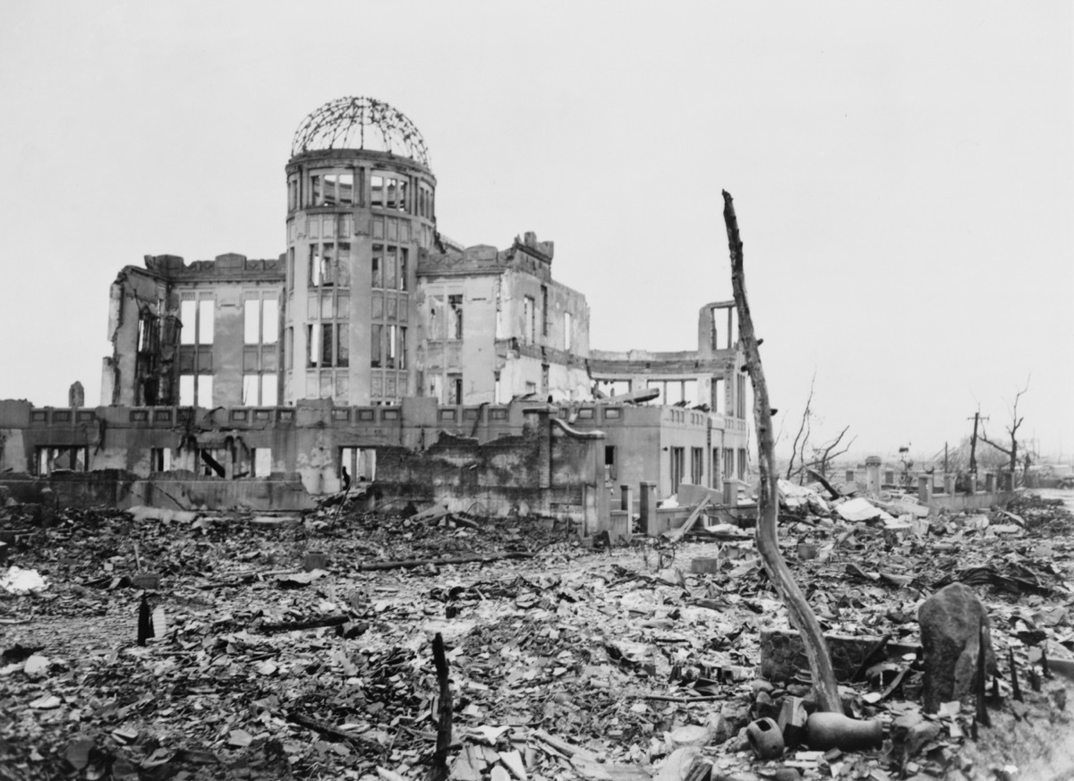 Wrecked framework of the Museum of Science and Industry in Hiroshima, Japan. This is how it appeared shortly after the dropping of the first atomic bomb, on August 6, 1945