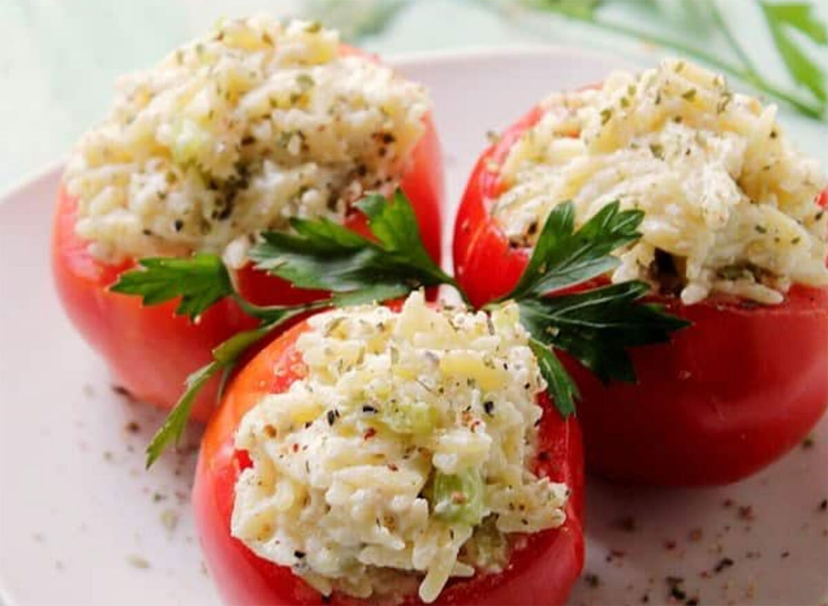 ricotta orzo stuffed tomatoes on plate